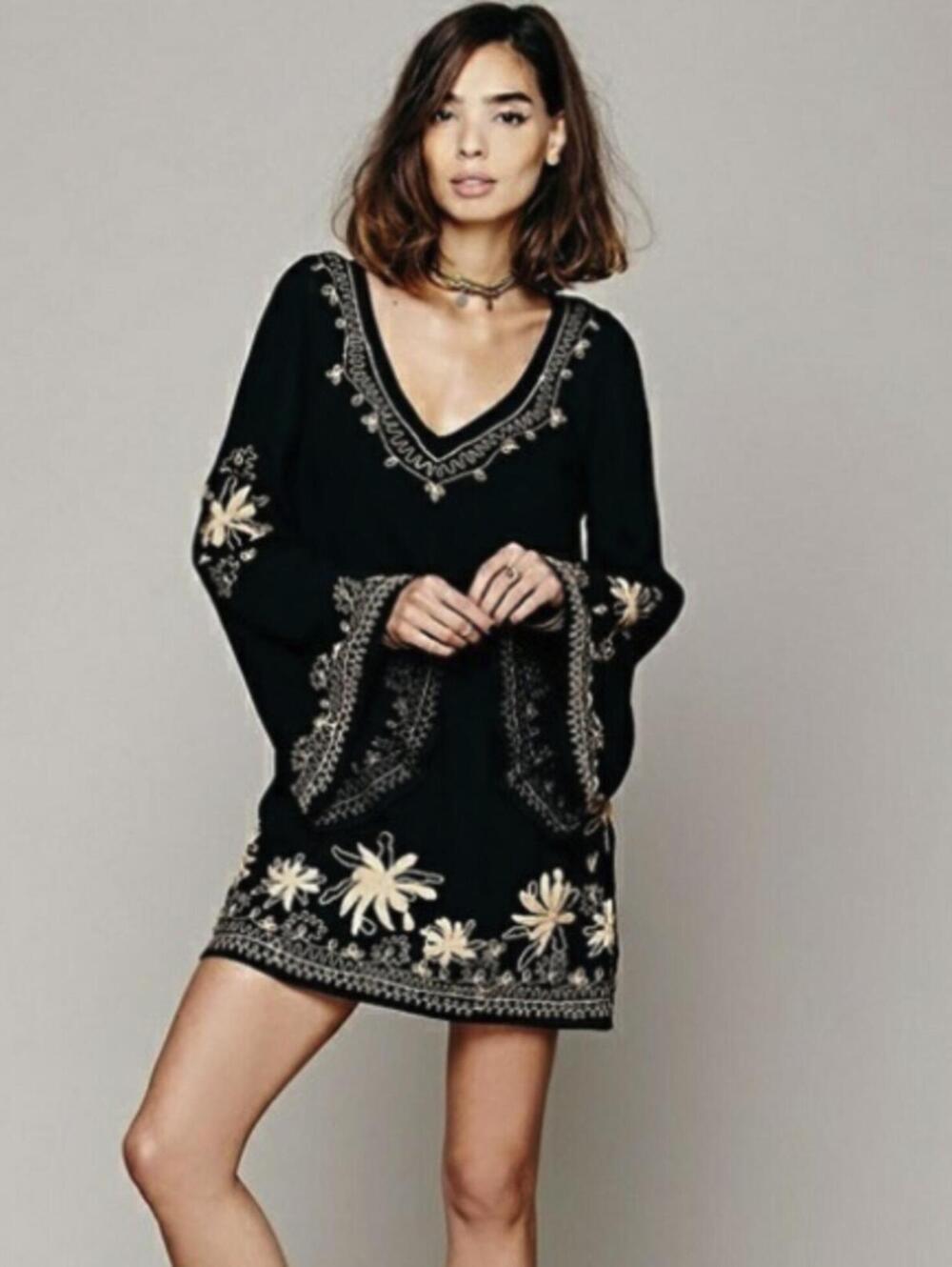 Free People Black Long Sleeve Embroidered Mini Dress